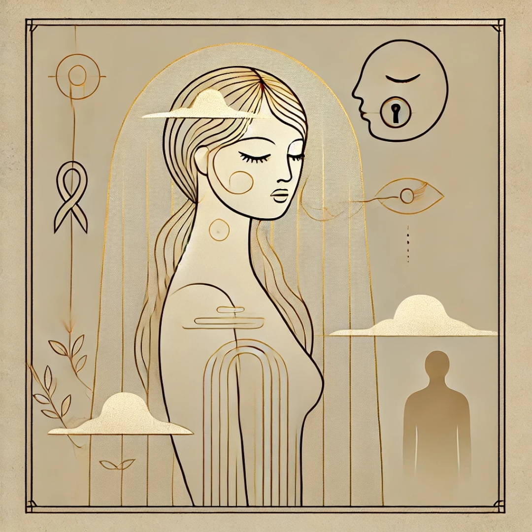 Illustration poétique d’une femme entourée d’un voile symbolique et de symboles de silence, représentant l’héritage transgénérationnel d’un secret familial