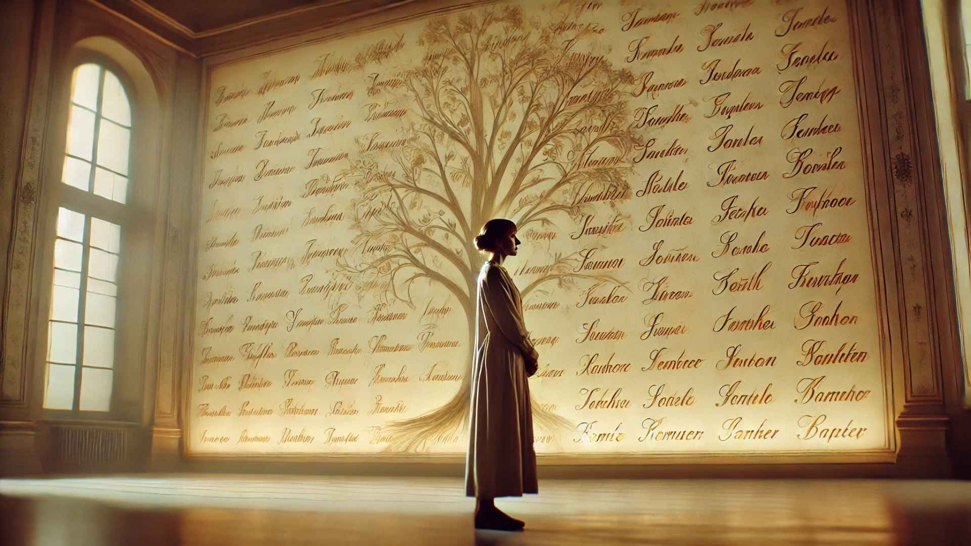 femme contemplant un arbre généalogique projeté avec des prénoms, symbolisant la mémoire transgénérationnelle