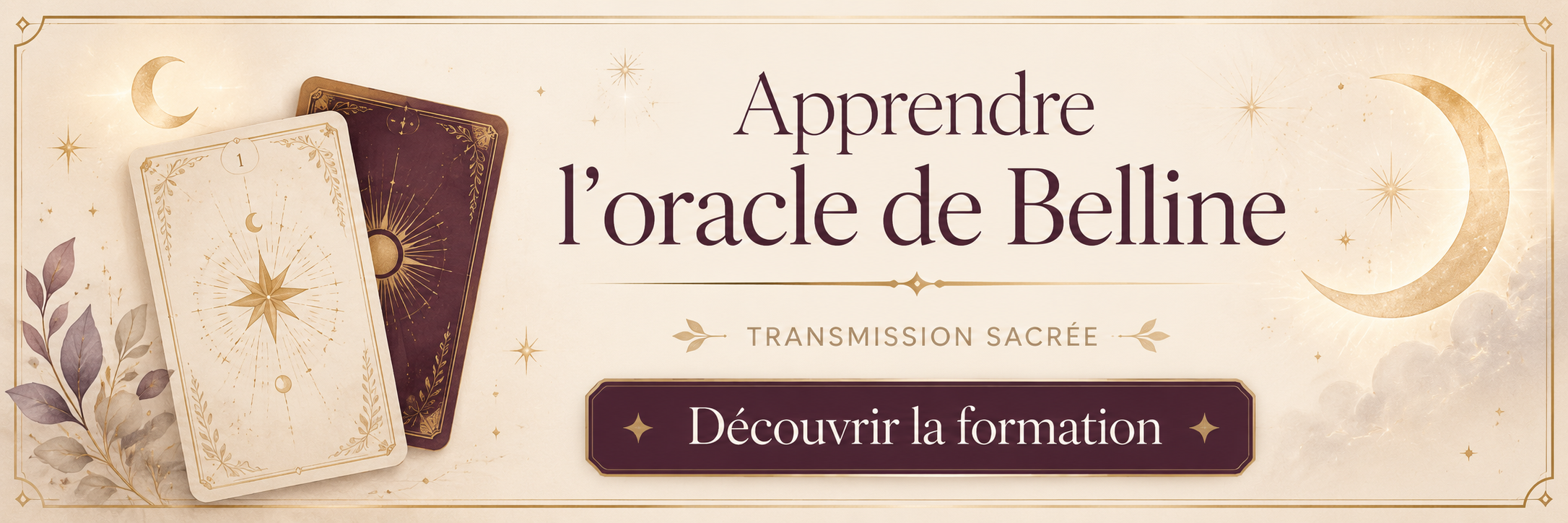 Visuel d’appel à l’action pour découvrir la formation oracle de Belline, avec cartes, lune dorée et bouton découvrir la formation