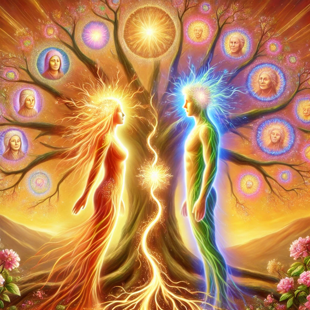 Un homme et une femme lumineux se font face, reliés par un fil d’énergie à travers un arbre transgénérationnel, dans une scène symbolique de lien d’âme et de guérison familiale.