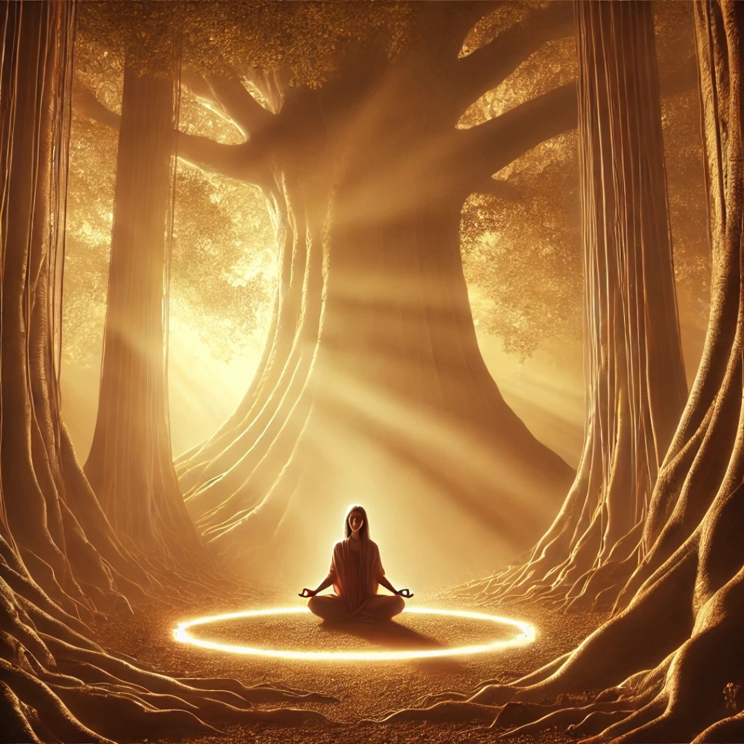 Une femme mature médite au centre d’un cercle de lumière dorée, entourée d’arbres anciens, dans une ambiance spirituelle et sacrée.