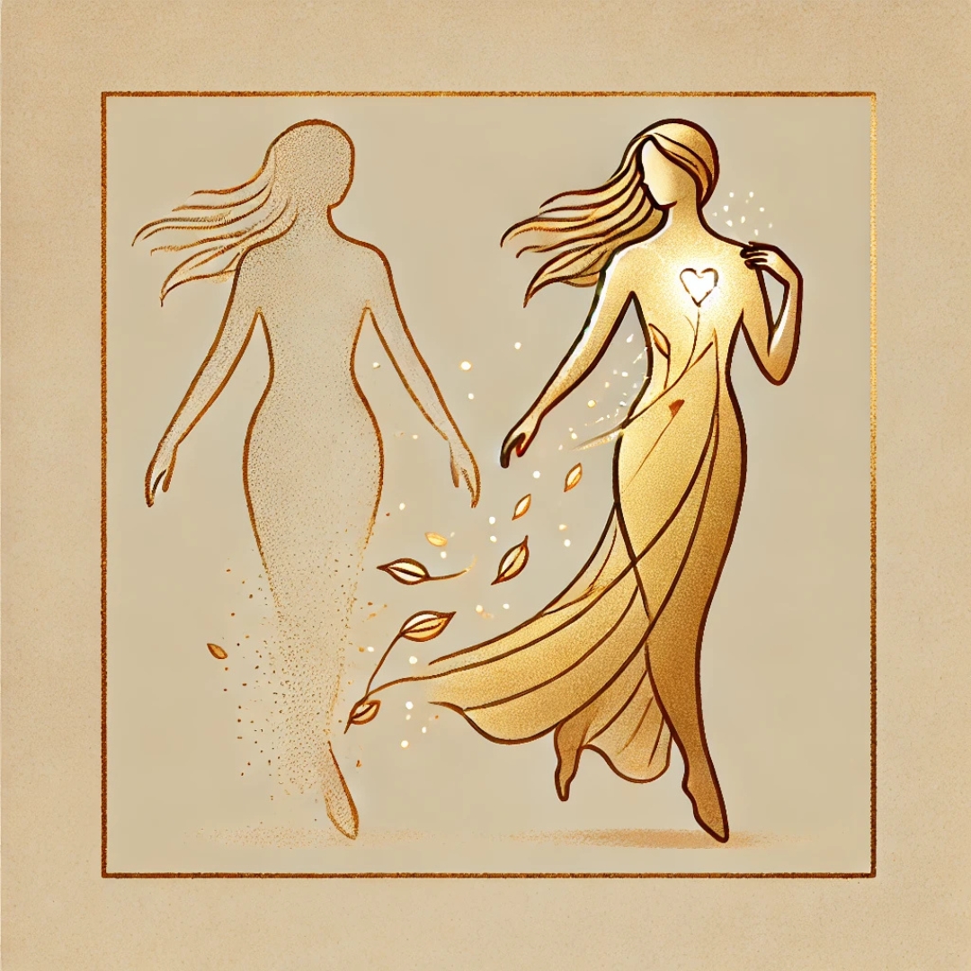 Illustration poétique d’une femme se détachant d’une silhouette floue en arrière-plan, tenant un symbole lumineux sur la poitrine, incarnant la libération du profil de la Remplaçante d’Ombre
