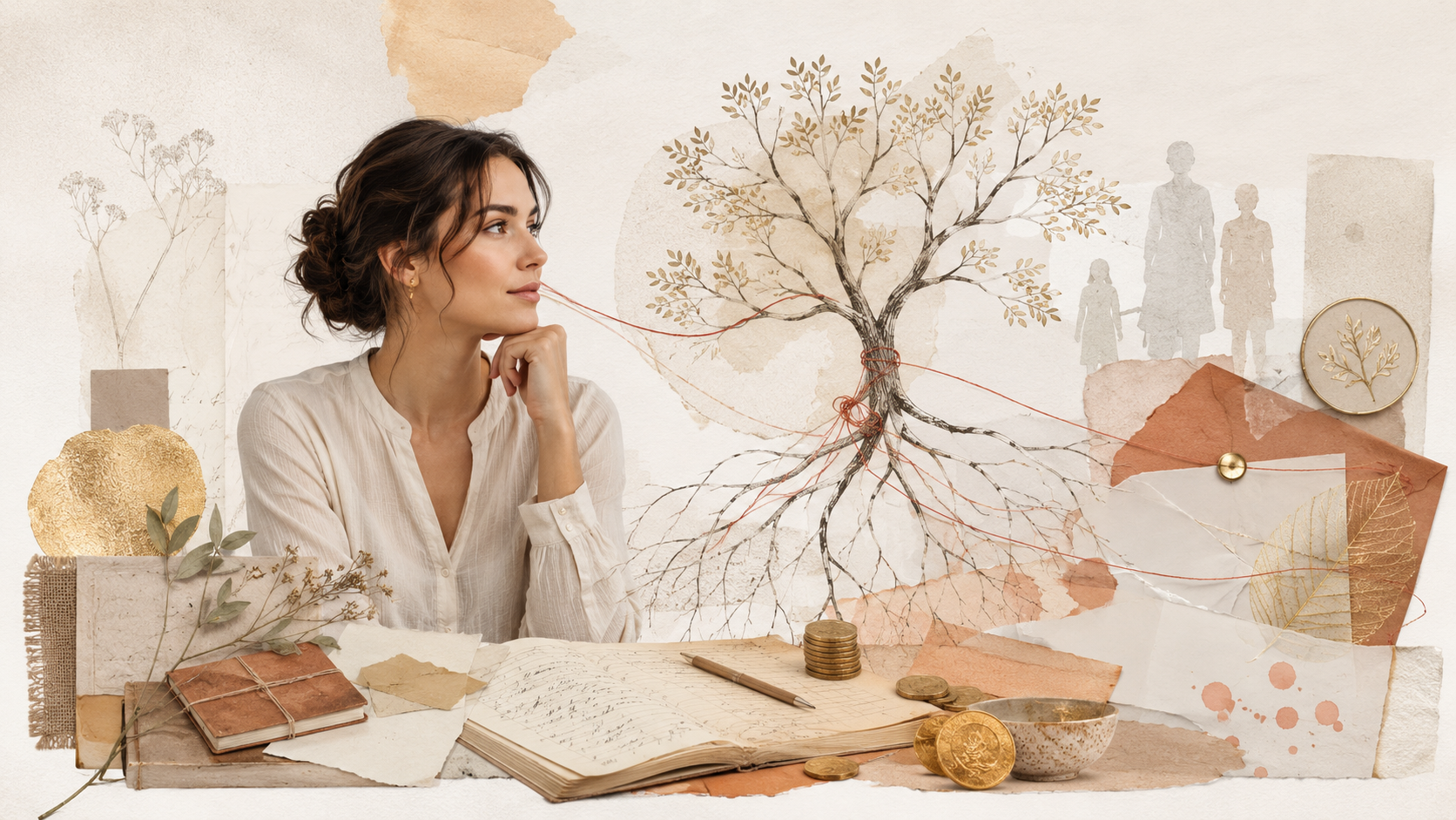 Femme observant un arbre familial symbolique avec des pièces et des documents anciens pour illustrer les blocages financiers transgénérationnels