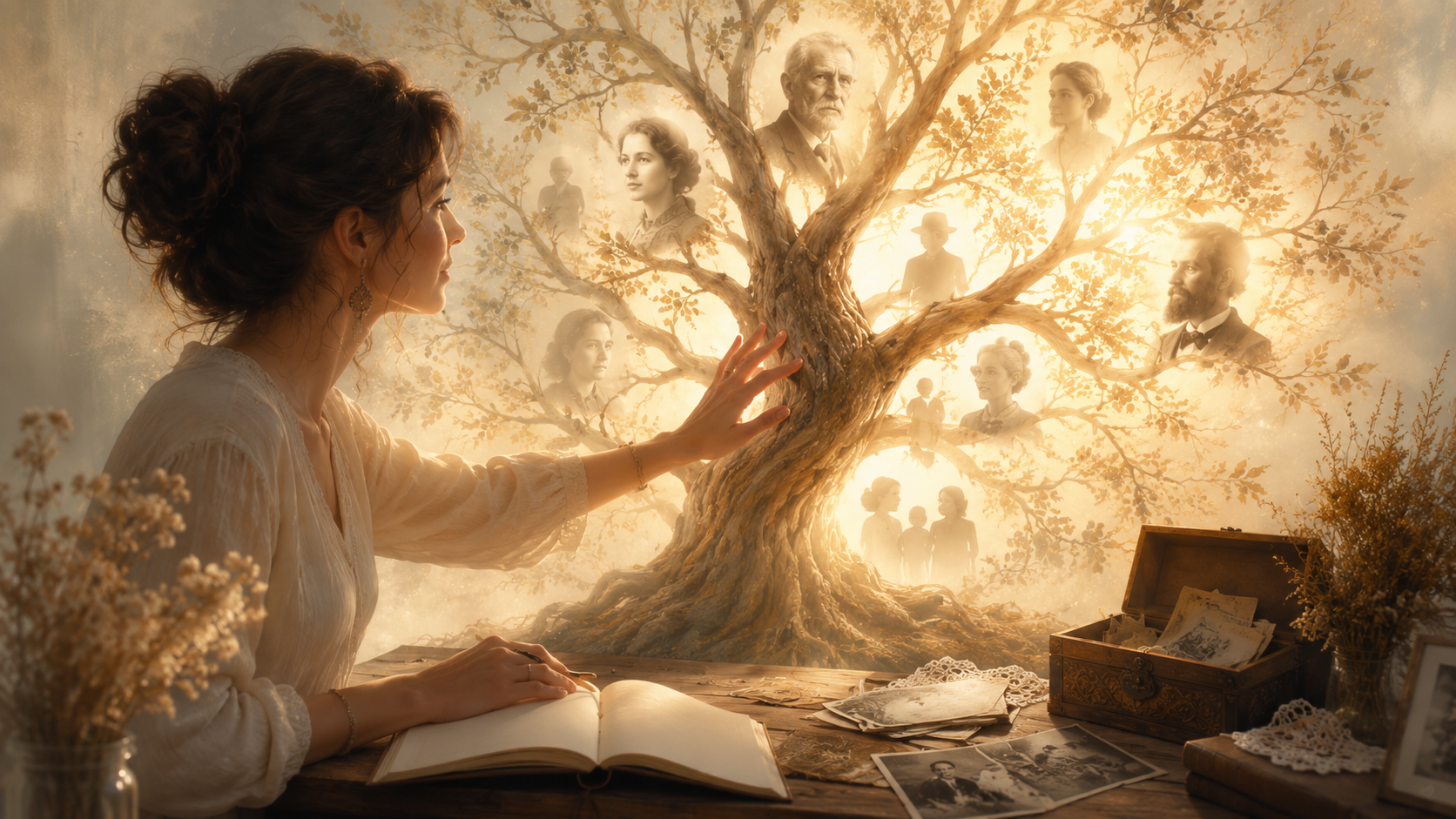 Femme observant un arbre généalogique lumineux avec des ancêtres pour identifier un possible syndrome du gisant