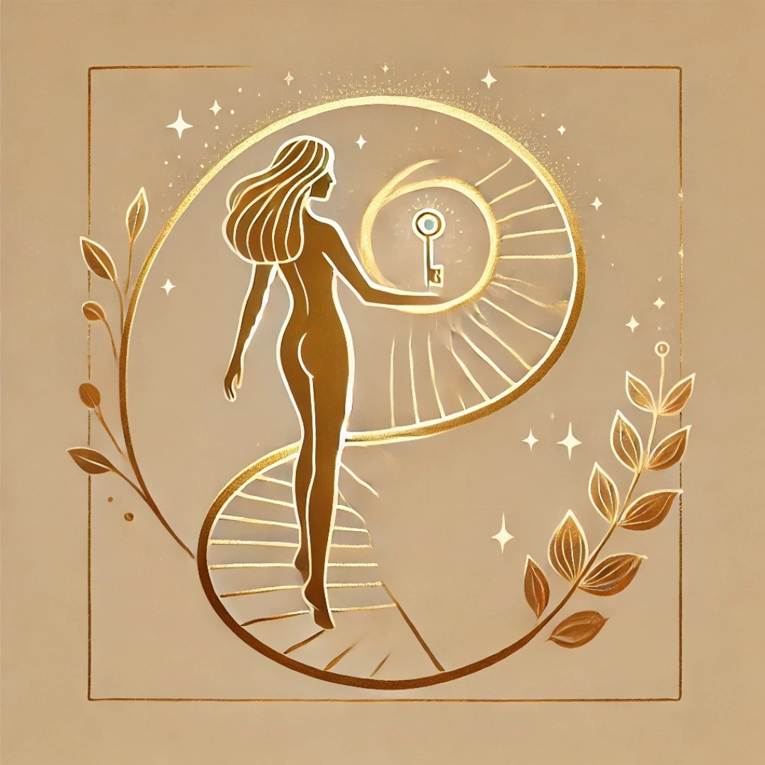 Illustration dorée d’une femme sortant d’une spirale symbolique, tenant une clé ou une lumière, représentant les solutions concrètes pour se libérer du profil de la Rejoueuse d’Histoire