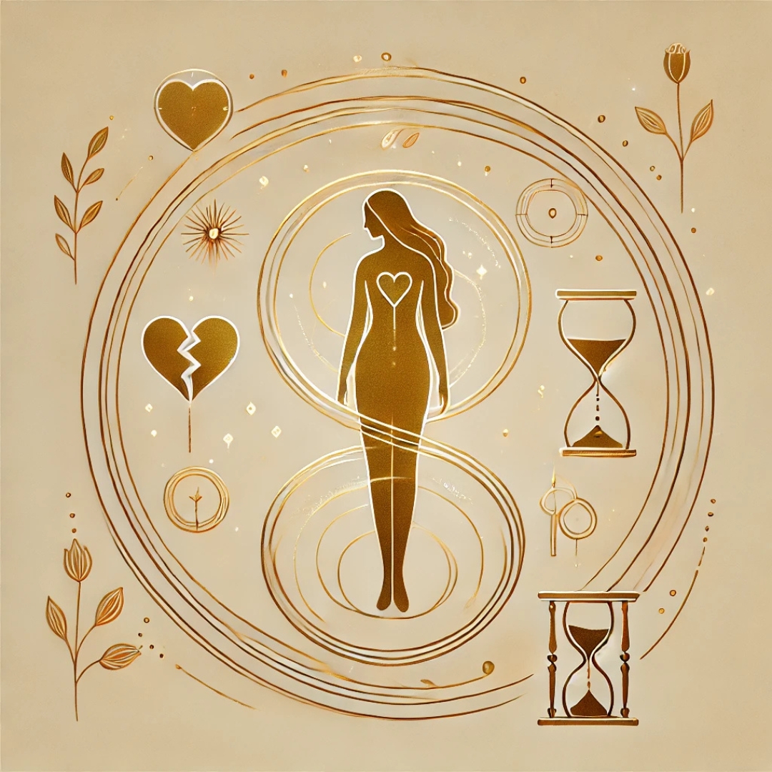 Illustration poétique d’une femme au centre d’une spirale dorée composée de symboles répétitifs, incarnant les impacts émotionnels du profil de la Rejoueuse d’Histoire