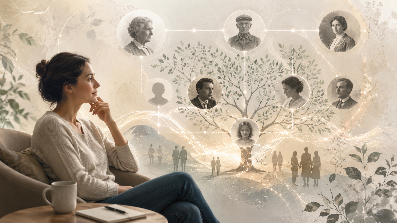 Femme en réflexion face à un arbre familial lumineux et des portraits d’ancêtres pour illustrer la thérapie transgénérationnelle et l’exploration de l’héritage familial