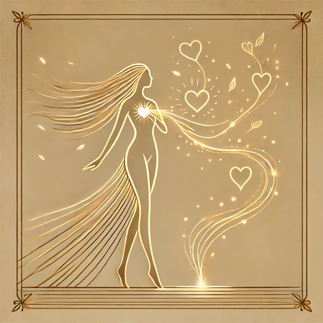 Illustration dorée d’une femme relâchant des fils lumineux tout en gardant la main sur son cœur, symbolisant l’allègement du rôle de la Dévouée du Clan sans renier l’amour.