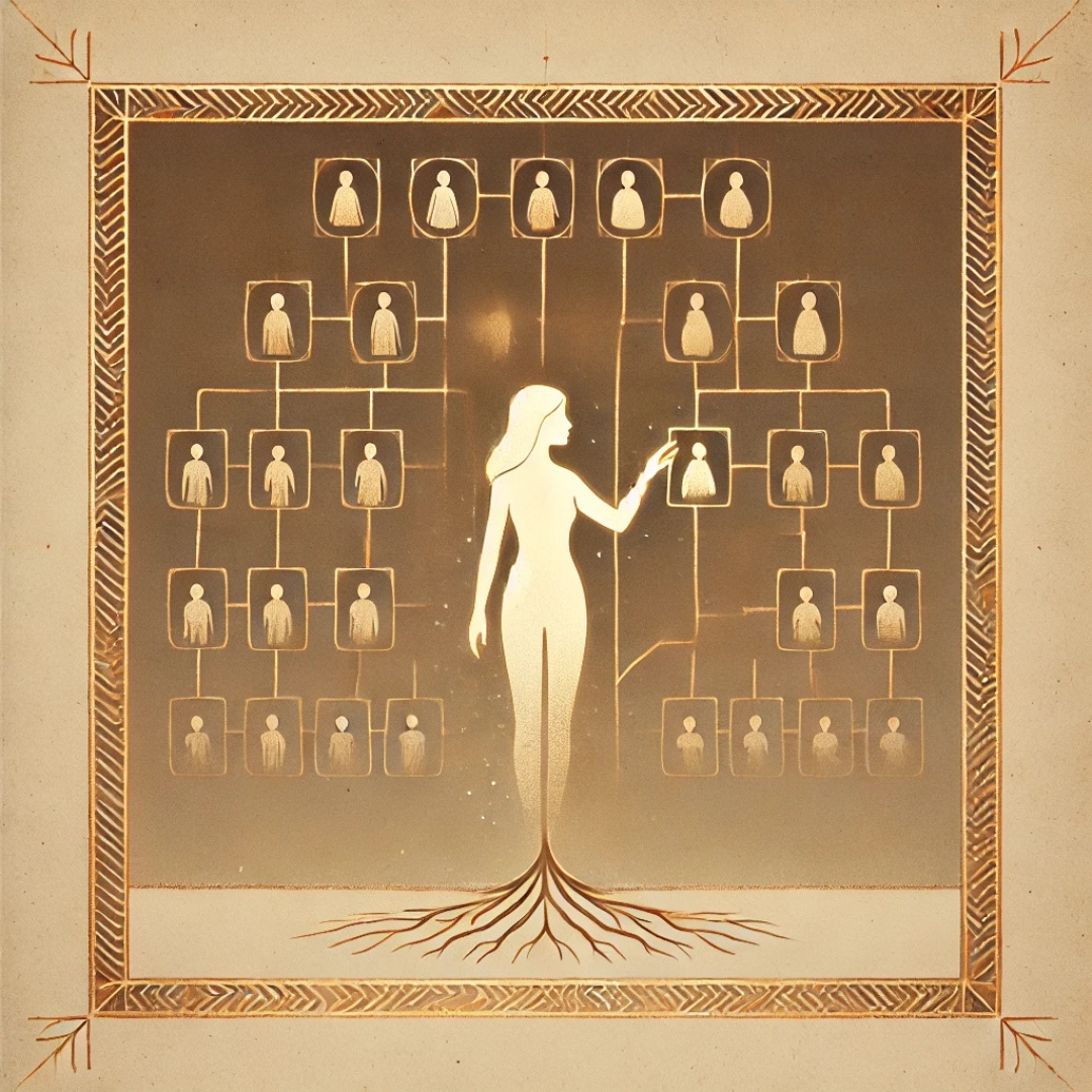 Illustration dorée d’une femme touchant une place vide dans un arbre généalogique, représentant l’absence de reconnaissance dans le profil de l’Invisible du Clan