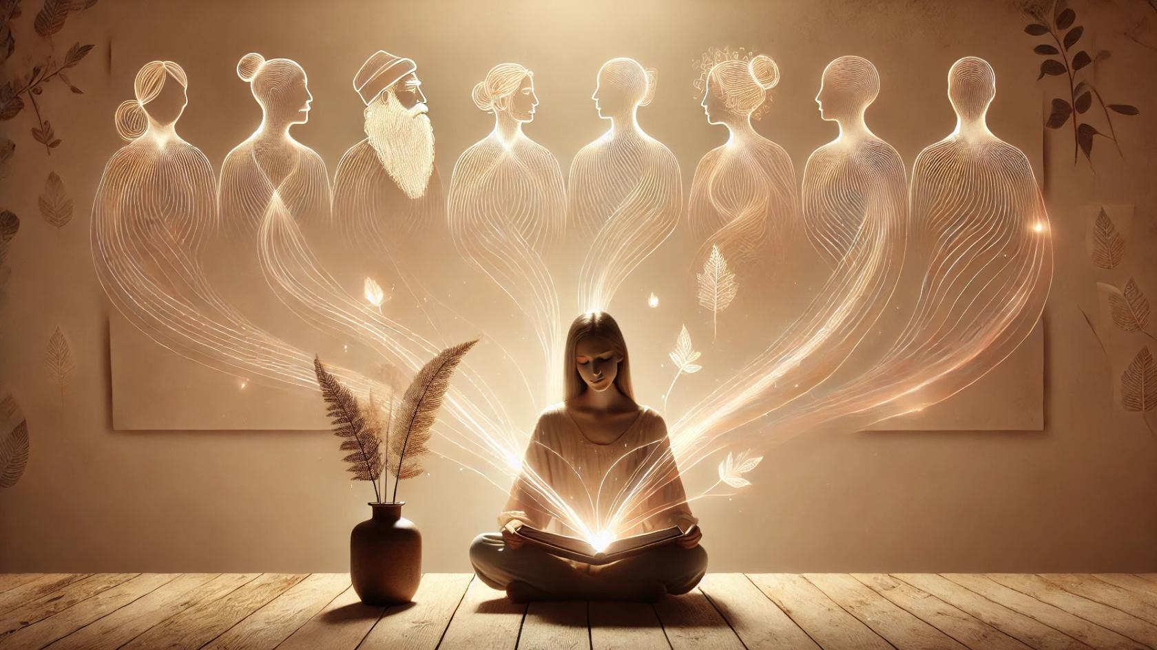 Femme assise en méditation lisant un livre lumineux, entourée de silhouettes ancestrales symbolisant la mémoire transgénérationnelle