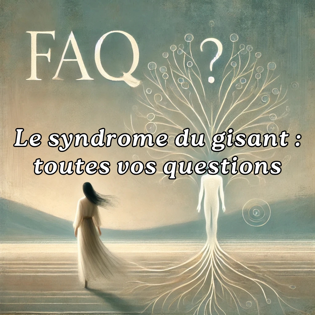 Illustration symbolique d'une femme dans un paysage brumeux avec une silhouette fantomatique et l’inscription “FAQ ?” en fond, représentant le syndrome du gisant et l’aspect question-réponse de l’article