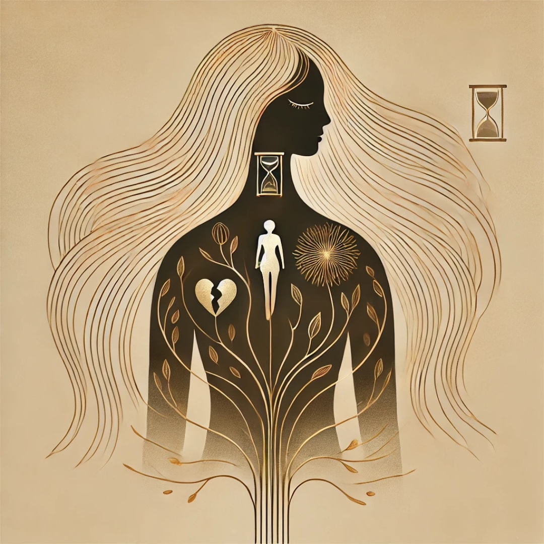 Illustration minimaliste d'une femme silencieuse enracinée dans un arbre doré, représentant les blessures transgénérationnelles du profil de la Fidèle Silencieuse