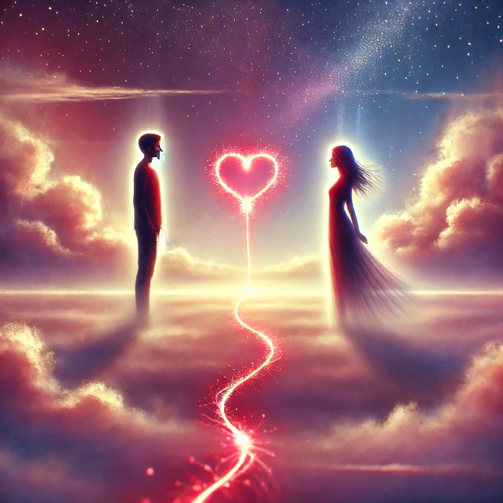 Homme et femme séparés dans un décor céleste, reliés par un fil de lumière en forme de cœur, symbole fort d’un lien amoureux persistant après une rupture