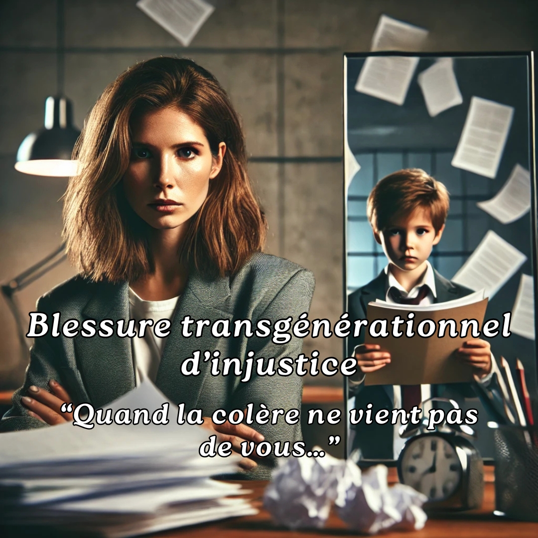 Femme stressée au travail reflétant une blessure d’injustice transgénérationnelle liée à la colère et au perfectionnisme.