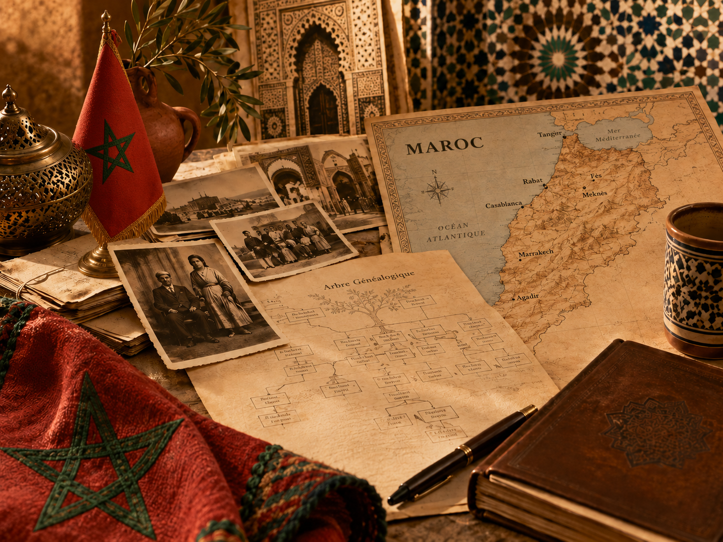 Archives familiales, carte du Maroc, drapeau marocain et arbre généalogique pour retrouver ses ancêtres marocains en recherche transgénérationnelle