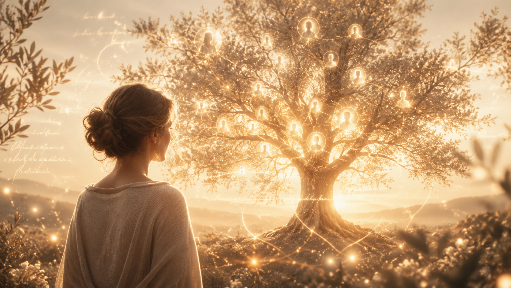 femme observant un arbre familial symbolisant les prénoms et la mémoire transgénérationnelle