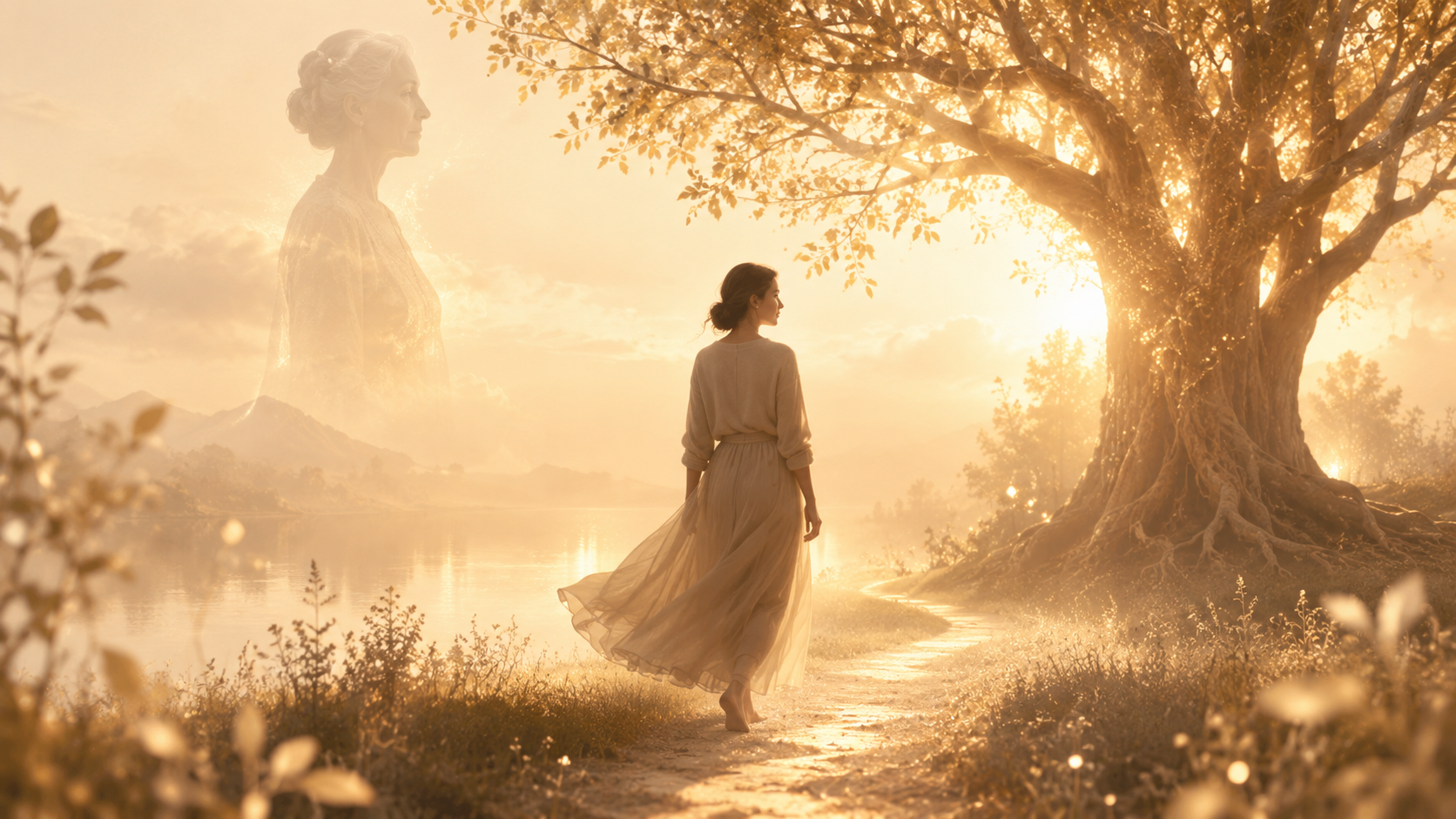 femme avançant vers un arbre lumineux avec une silhouette d’ancêtre symbolisant le syndrome du gisant et la mémoire transgénérationnelle