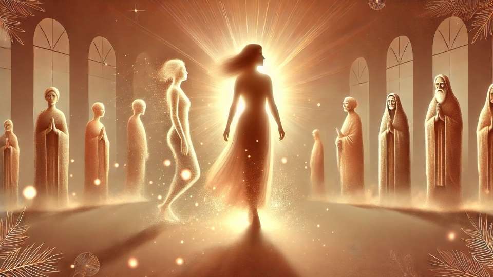 Femme avançant sur un chemin lumineux, entourée de silhouettes d’ancêtres — symbole de libération transgénérationnelle.