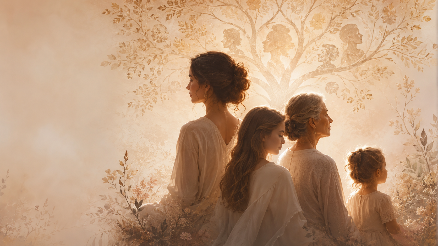 femmes de plusieurs générations devant un arbre familial symbolique pour illustrer la place dans la fratrie en transgénérationnel