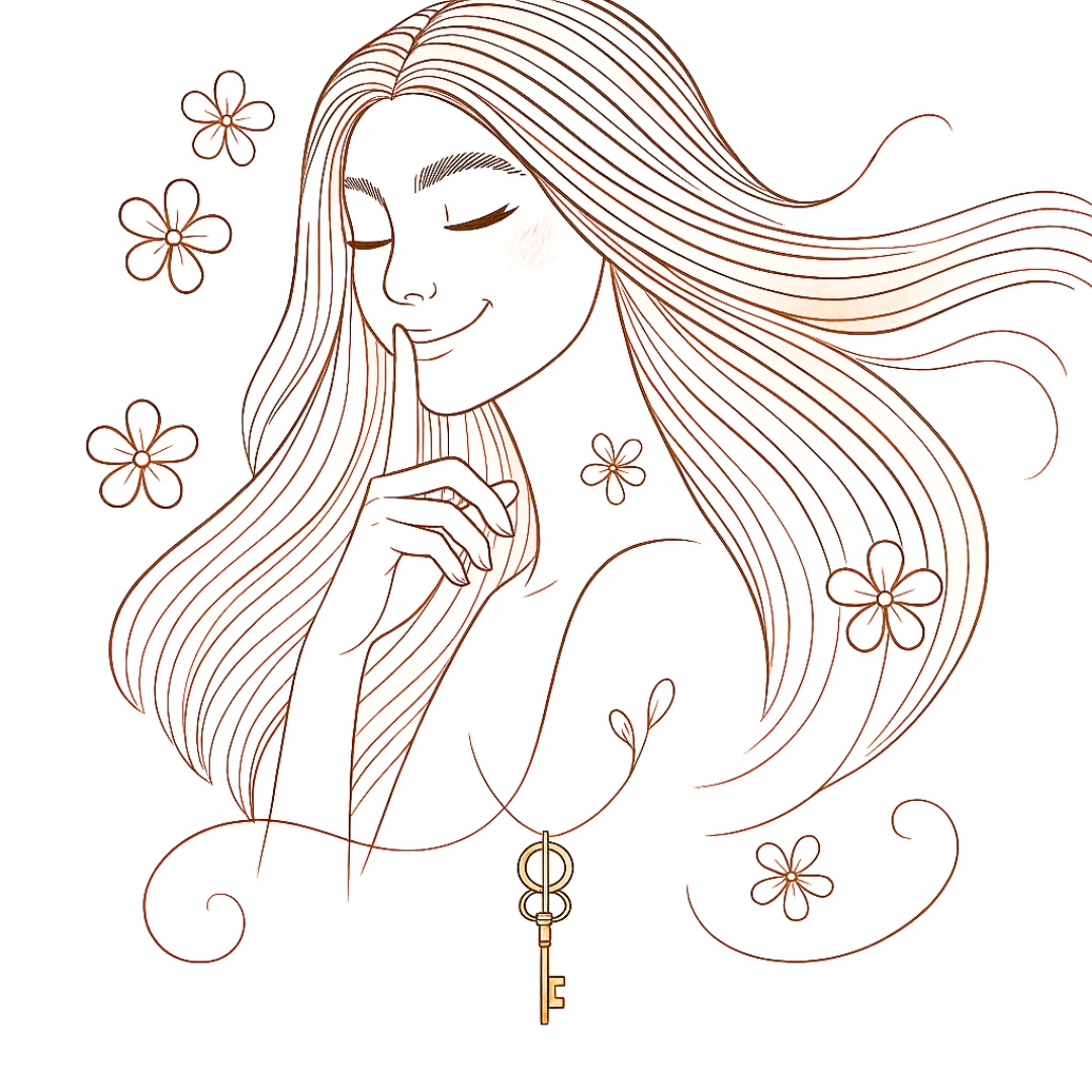 Illustration d’une femme silencieuse tenant un doigt devant ses lèvres, avec une clé dorée et des fleurs, incarnant le profil transgénérationnel de la Gardienne du Secret