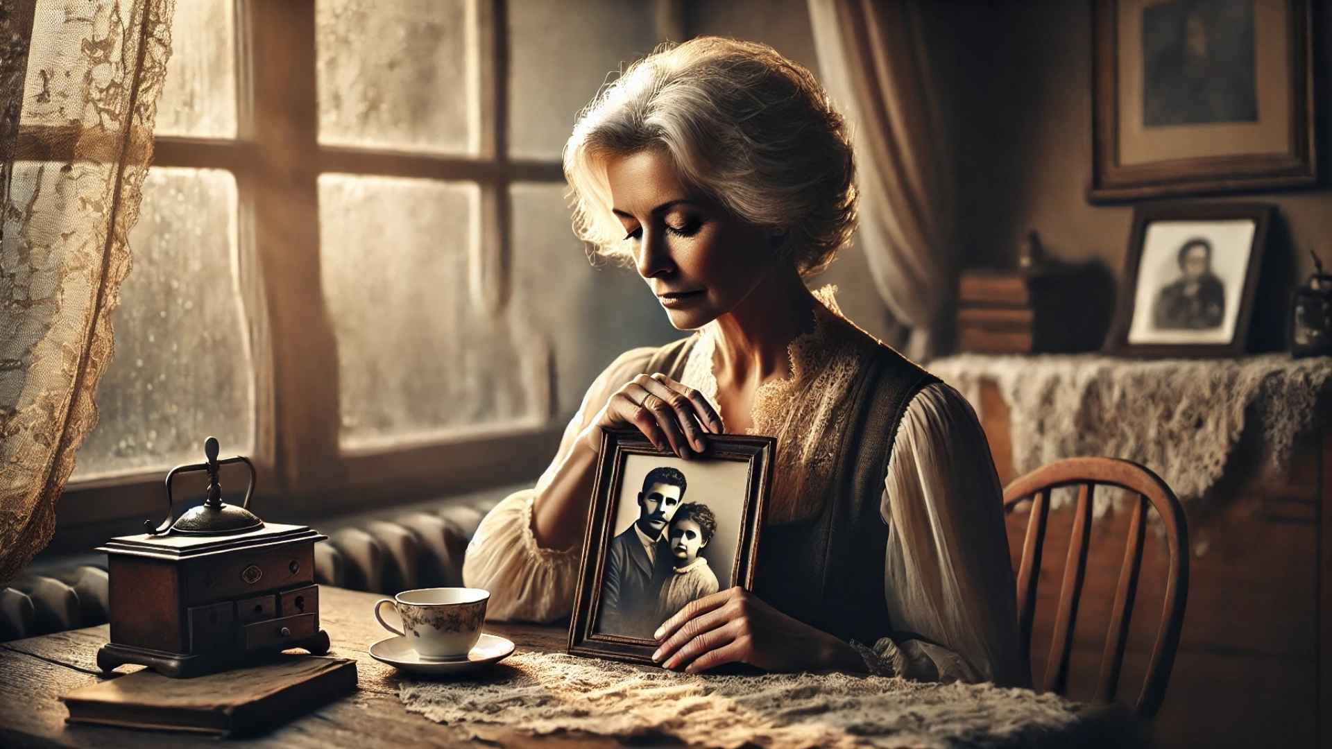 Femme mature tenant un cadre photo ancien dans une lumière tamisée, évoquant les loyautés familiales invisibles et la mémoire transgénérationnelle
