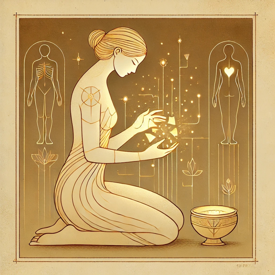 Illustration dorée d’une femme rassemblant des fragments lumineux, symbolisant le besoin de restaurer une mémoire familiale abîmée dans le profil de la Réparatrice du Temps