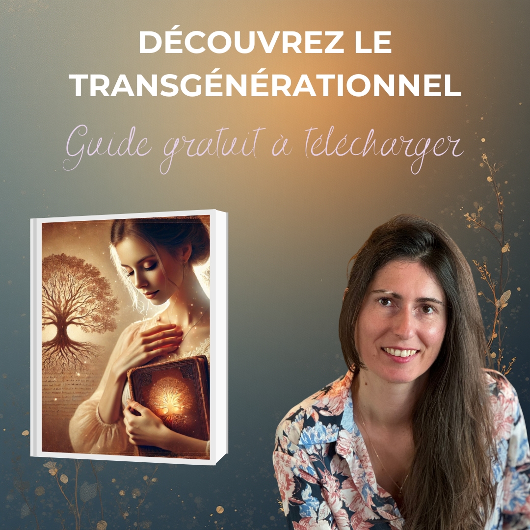 Femme tenant un livre lumineux devant un arbre généalogique, visuel du guide gratuit pour comprendre le transgénérationnel