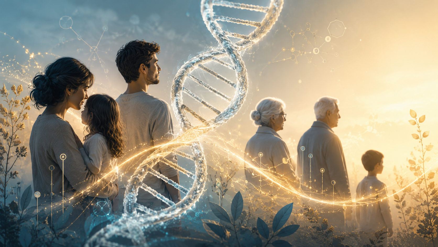 Famille de plusieurs générations reliée à une double hélice d’ADN lumineuse pour illustrer l’épigénétique transgénérationnelle et la transmission possible des traumatismes familiaux