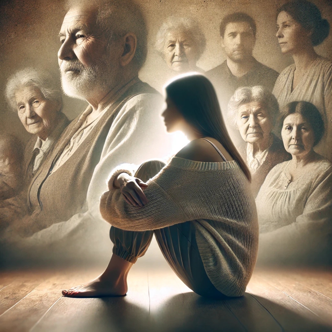 Femme en introspection face à la mémoire transgénérationnelle de l'humiliation, illustrant la transmission émotionnelle familiale