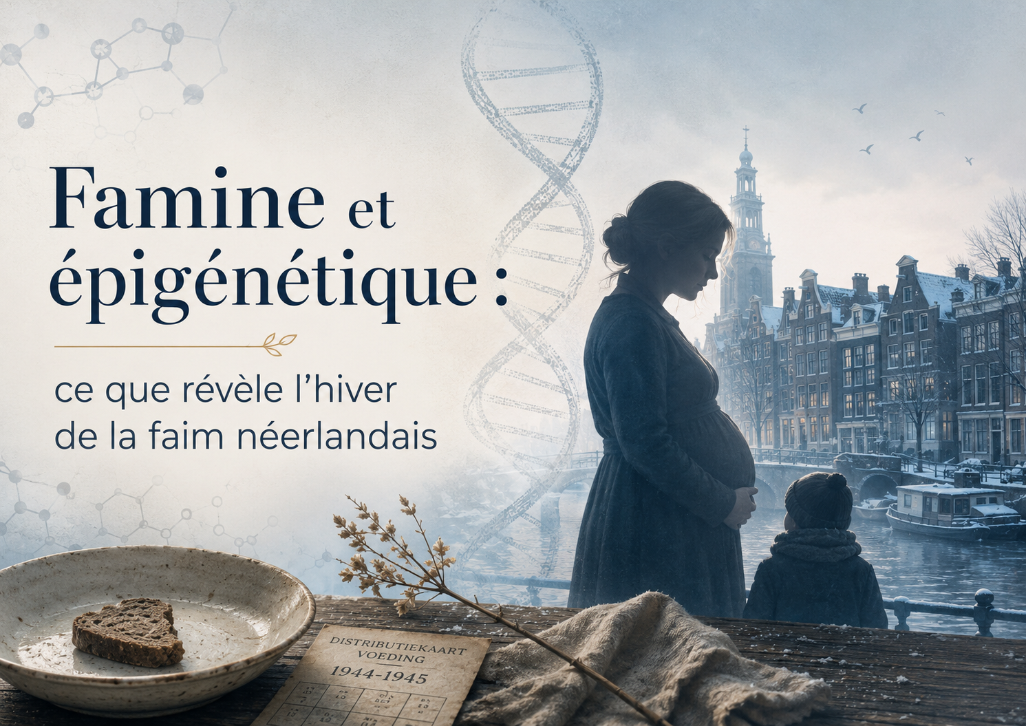 Femme enceinte pendant l’hiver de la faim néerlandais, avec des symboles de famine et d’épigénétique