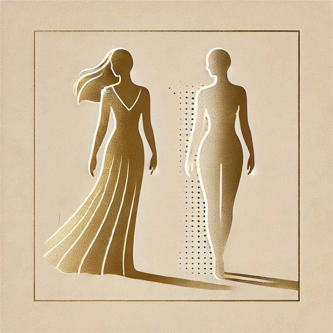Illustration dorée d’une femme fusionnée à une silhouette absente, représentant le poids invisible de la substitution dans le profil de la Remplaçante d’Ombre